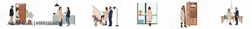 Set of Vector Illustrations Showing Real Estate Agent and Potential Buyers Exploring a New Home and Viewing Various Interior Features.