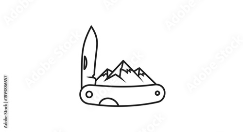 Classic multi-tool pocket knife with mountain range design, symbolizing outdoor adventure and survival, on isolated white background.