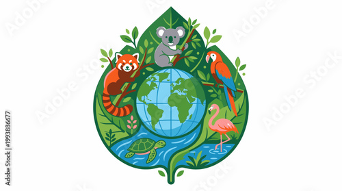 Diverse Animals Living Together on Planet Earth Illustration for Conservation Themes