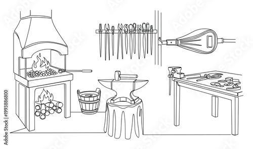 Authentic blacksmith workshop setup with anvil, forge, and various metalworking tools for historical craft projects