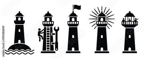 Set of lighthouse icons representing sea navigation, maintenance, and tourism for various graphic applications