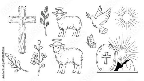Hand drawn Christian holiday collection with Easter cross lamb dove and resurrection tomb for spiritual design elements