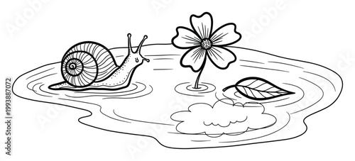 Charming snail exploring a water puddle alongside a blooming flower and fallen leaf perfect for coloring books and educational content