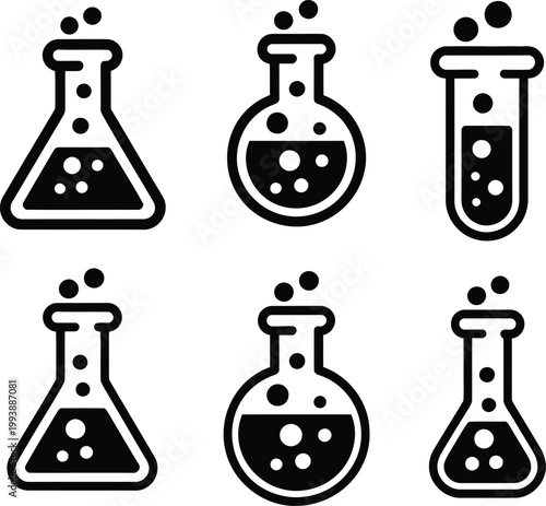 Laboratory glassware set featuring various flasks and test tubes with chemical liquid and bubbles in black and white flat style