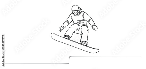 Dynamic single line drawing of a snowboarder performing a jump in midair, ideal for active winter sports event promotions or contemporary athletic graphic assets