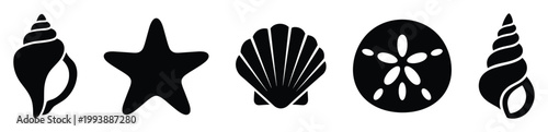 Assortment of diverse sea shells and starfish silhouettes for various marine themed projects and coastal inspiration