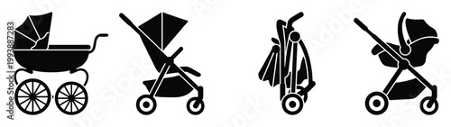 Diverse baby pram and stroller silhouette icons for parenting merchandise product design and child care industry branding materials