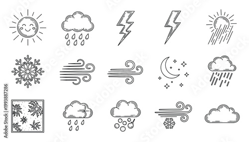 Diverse outline weather symbols and climate icons for various forecast applications and educational projects