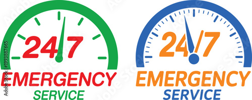 Two circular clock representing twenty four seven emergency service availability with green and blue color schemes on a clean white background for business