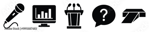 Debate and election symbols featuring microphone, monitor chart, speaker podium, question mark speech bubble, and ballot box for communication graphics.