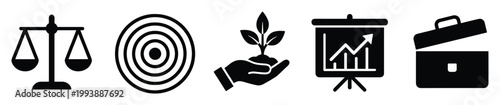 Professional icons for business strategy, financial progress, ethical standards, and sustainable development.