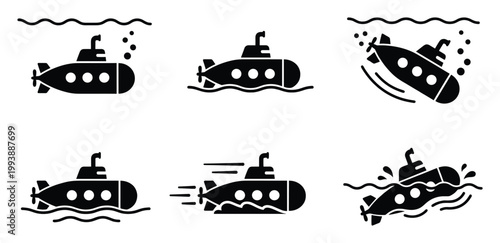 Submarine icons set depicting underwater navigation, surface travel, diving, and fast movement for ocean adventure graphics