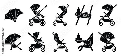 Baby gear collection for childcare and travel showcasing various stroller types and feeding accessories for modern parenting