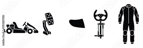 Karting equipment and race wear set for racing sport activity and simulator game display