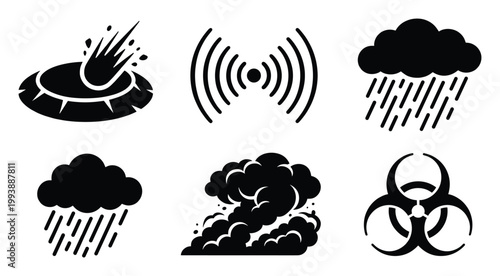 Collection of warning icons depicting natural disasters, technological signals, and environmental hazards for safety applications