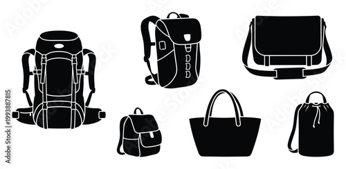 Assortment of carrying bags including hiking backpack, messenger, tote, and drawstring for lifestyle and travel product visuals.