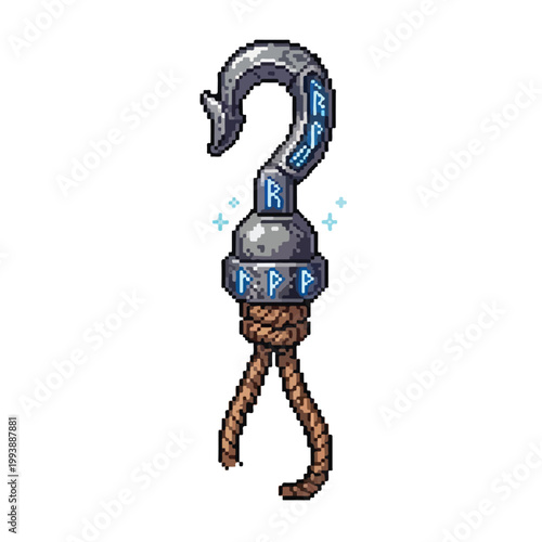 A detailed pixel art vector of a metallic magical hook decorated with glowing blue runes and attached to a thick brown rope.
