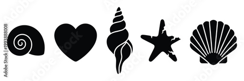 Collection of black ocean shells, starfish, and a heart silhouette for beach themed projects and holiday decorations