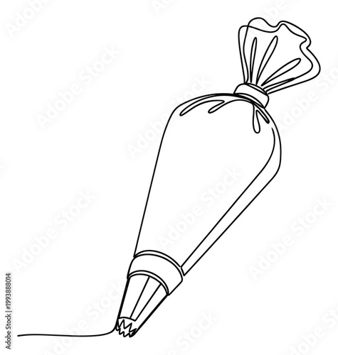 Outline continuous line of a pastry bag creating a decorative detail, useful for cooking tutorials and confectionery business assets.