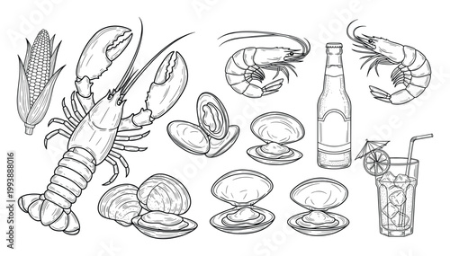 Hand drawn collection of delicious seafood including lobster, shrimp, clams, corn, beer, and summer cocktail for food menus