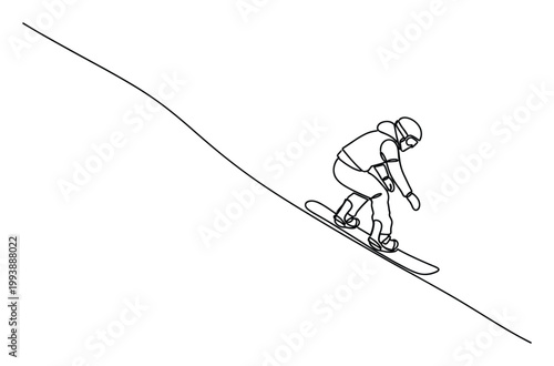 Continuous line drawing of a snowboarder descending a snowy mountain slope, great for active sports advertising.