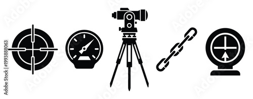Essential geodetic and topographical equipment icons for precise mapping and site development.