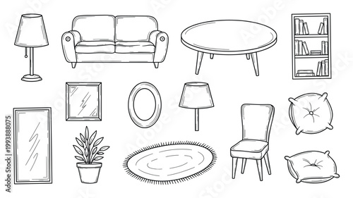 Hand drawn collection of living room furniture and home decor items perfect for interior design projects and educational materials