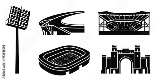 Professional stadium architecture and spotlight silhouettes for sports event marketing and graphic design needs