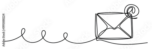 Continuous line drawing illustrating digital email communication with an envelope and at symbol for online messaging and contact information concepts