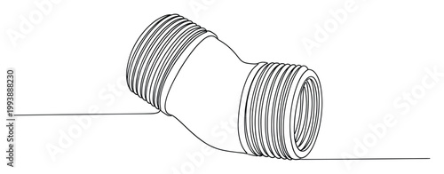 Continuous line drawing of a metal pipe fitting connector with threads, ideal for plumbing industry and construction applications