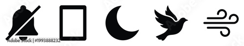 Digital user interface icons for silent notifications, mobile devices, night mode, peace, and various weather conditions