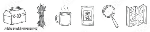 Monochrome doodle set of outdoor exploration items like a map magnifying glass and steaming mug for nature themed designs