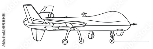 Minimalist continuous line drawing of a modern military reconnaissance drone equipped with advanced technology for surveillance and defense projects