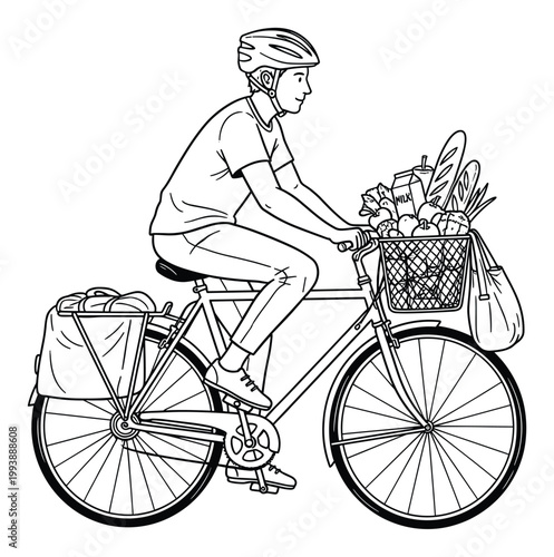 Happy cyclist wearing a helmet transporting groceries on a bike with front basket and rear pannier bag