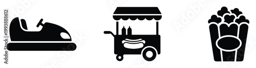 Bumper car, hot dog stand, and popcorn icons for amusement park, fair, or carnival entertainment events.