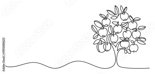 Continuous line drawing of a fruit bearing apple tree with organic minimal design for health and nature concepts.