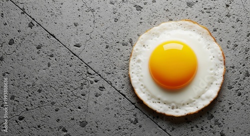 Vibrant yellow yolk and white edges of a fried egg contrast against a coarse, gray textured concrete backdrop with a stark, modern angle, bright, gray, texture