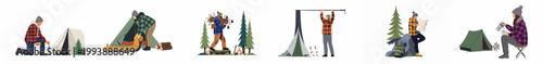 Flat vector illustration set of people engaged in outdoor camping and hiking activities including setting up tents, navigating, and building campfires in the forest.