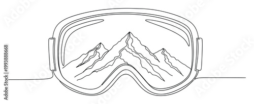 Modern one line drawing of ski goggles with mountain reflection useful for winter sports branding and travel marketing