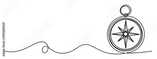 Continuous line drawing of a navigation compass symbolizing direction and travel perfect for web banners or educational graphics