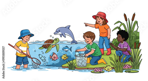 A group of children are seen cleaning up polluted water filled with marine life and trash, depicted in a colorful illustration with a focus on environmental care and ecological awareness