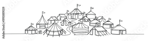 Outline graphic of an intricate tent encampment with different styles perfect for event posters, camping guides, and festival promotions