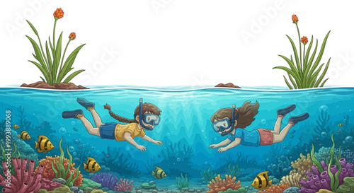 Watercolor illustration of two children snorkeling face-to-face in clear blue water above a vibrant coral reef teeming with fish, set against a clean white background and capturing a sense
