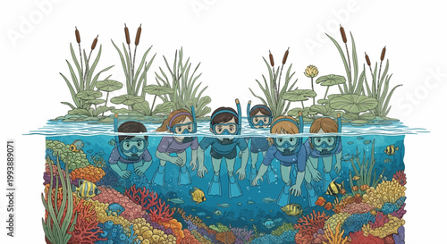 A group of children are snorkeling above a vibrant coral reef, depicted in a whimsical, colorful illustration with a focus on aquatic life and plants in the background, creating a cheerful