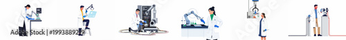 Illustration set of diverse scientists and engineers working with robotic arms, laboratory equipment, and advanced technology in a modern research facility.