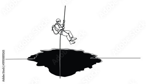 Person rappelling into a dark cavern continuous line drawing symbolizing adventure and exploration for conceptual graphics