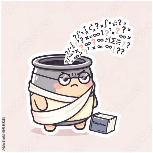 Cute Cartoon Barrel Character Wrapped in Bandages with Math Symbols.