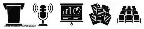 Versatile vector icons for conferences, presentations, and workshops featuring lectern, microphone, charts, papers, and audience chairs