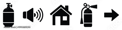 Gas cylinder, sound, house, fire extinguisher, and arrow icons for safety and emergency communications.