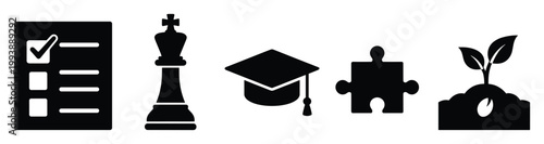 Strategic education and growth planning icons for business development and problem solving solutions in various projects